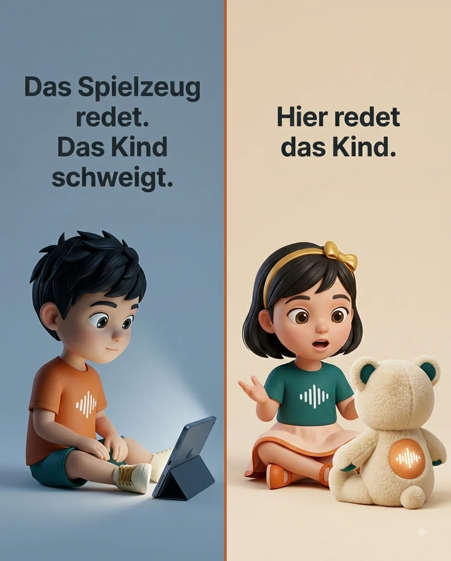 Links ein Kind vor einem Tablet, rechts ein Kind im Gespräch mit dem Plapperbär
